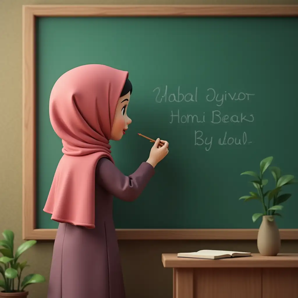 3d cute muslim woman writing on blackboard