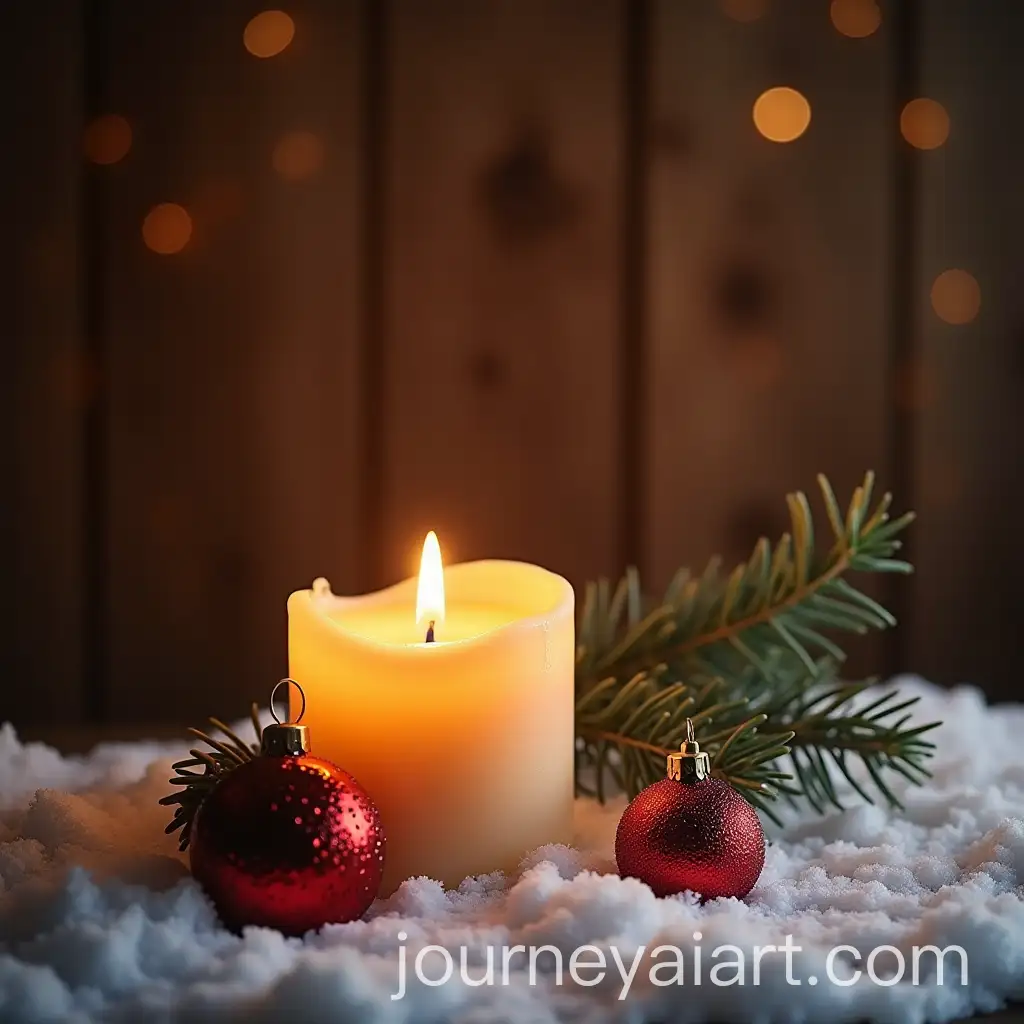 Burning-Candle-and-Christmas-Decorations-on-Snowy-Wooden-Background