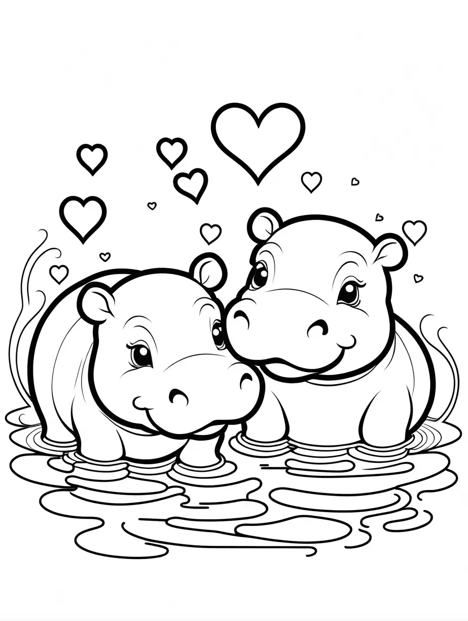 Adorable-Baby-Hippos-Surrounded-by-Hearts-in-a-Whimsical-Coloring-Page