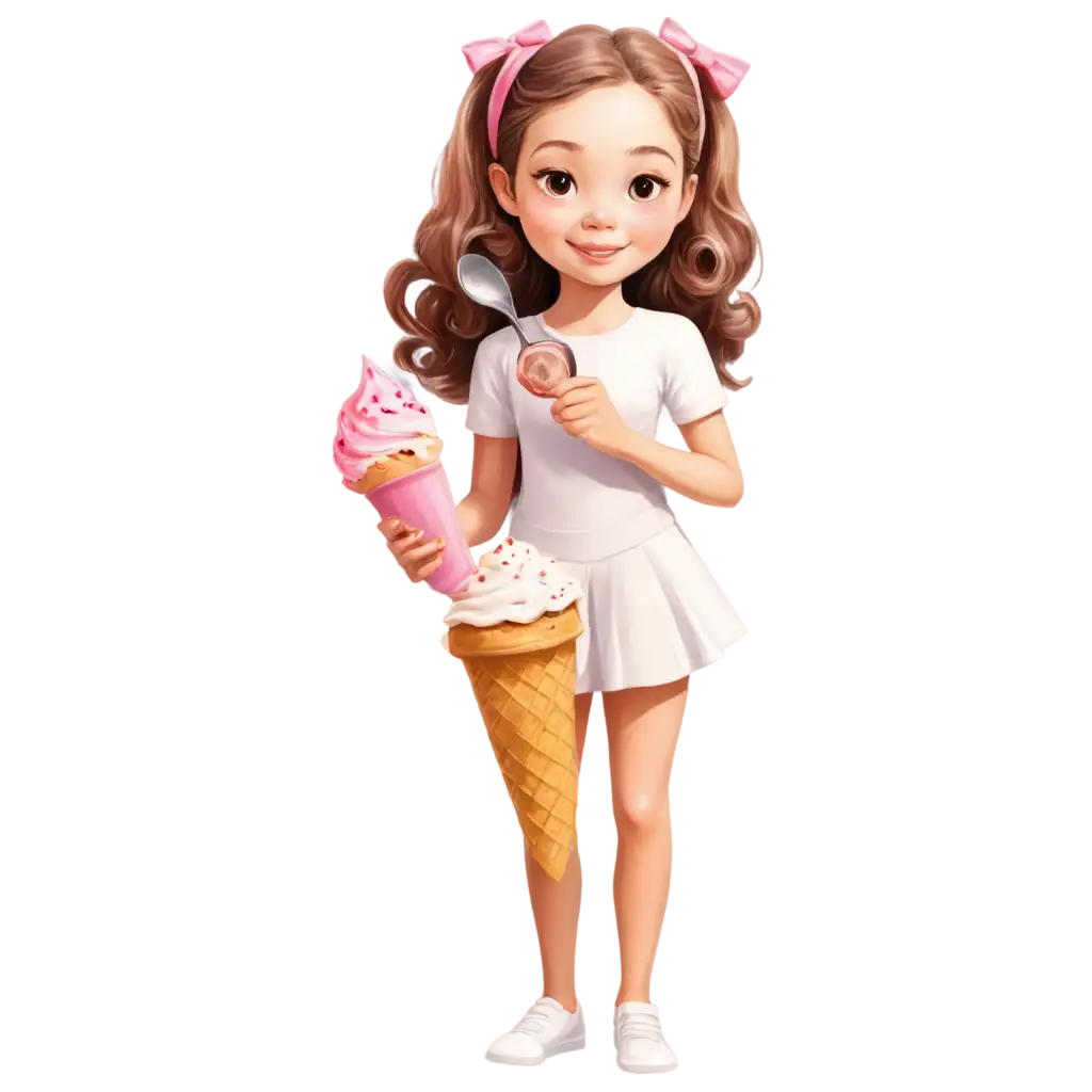 Adorable-Caricature-PNG-of-a-Sweet-White-Girl-with-Pink-Bow-Eating-Ice-Cream