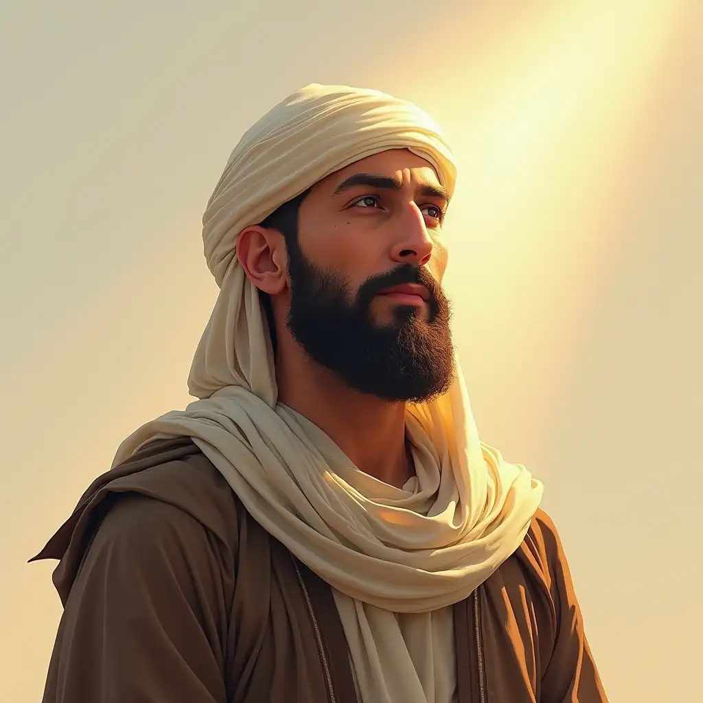 draw a pious man in neat clothing from 3000 years ago in the Middle East. He has a covered head. He is serious, but looks at the viewer with kindness and wisdom. A beam of light shines on his head from heaven, illuminating his head.rnThe image should be square in proportion and in light tones. Maximum photo-realism.