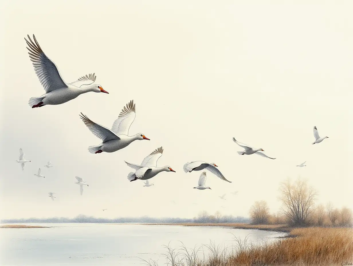 Snow Geese in Flight Over Marshland