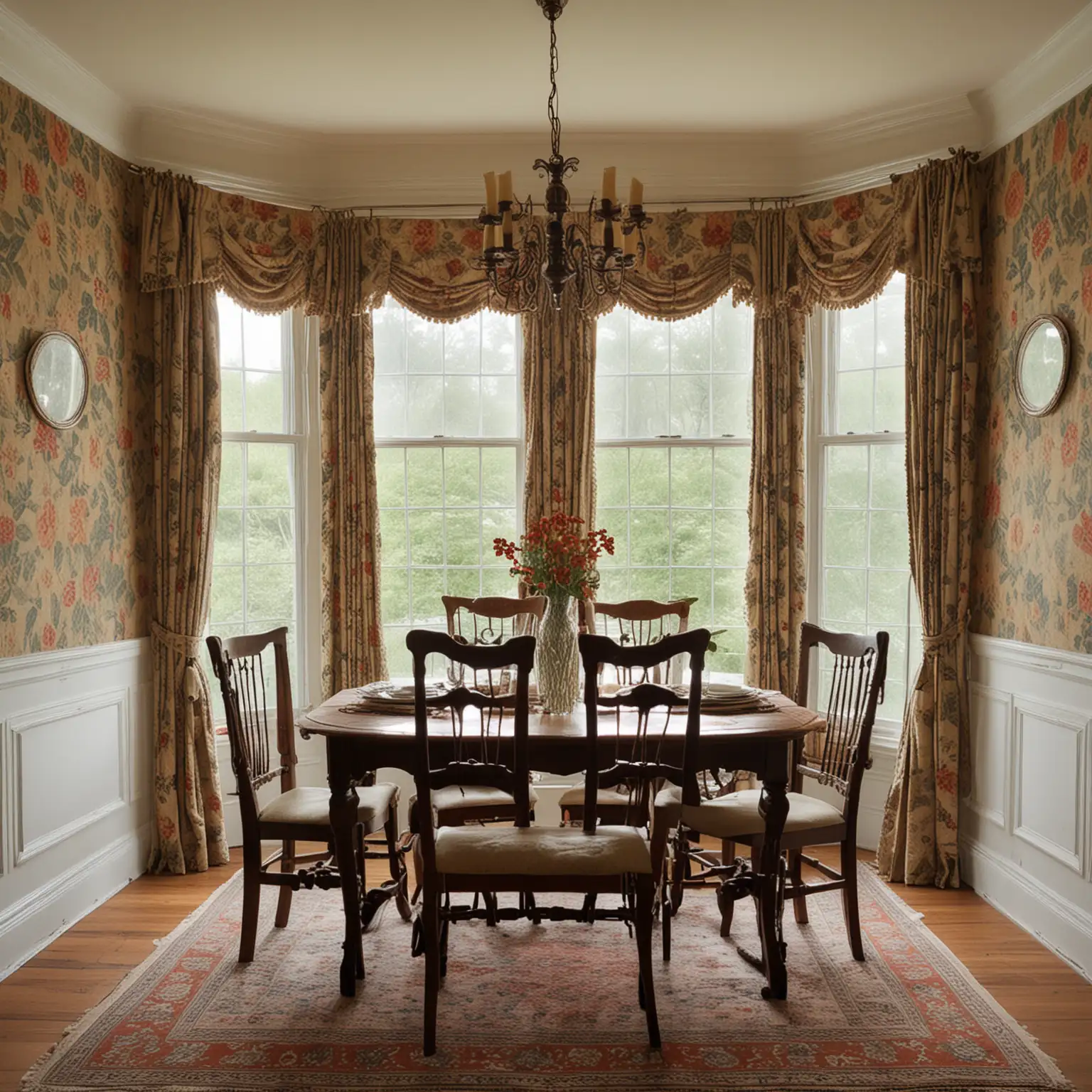 A dining room with a table, 3 chairs, 2 plates, 2 windows, and tapestry