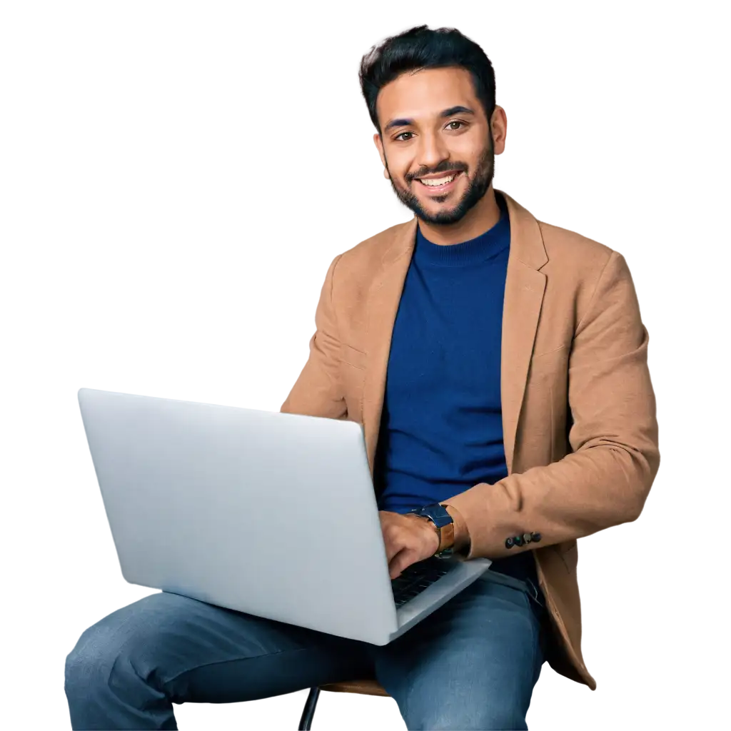 An Indian man smiling face attending online classes on a laptop sitting on a chair