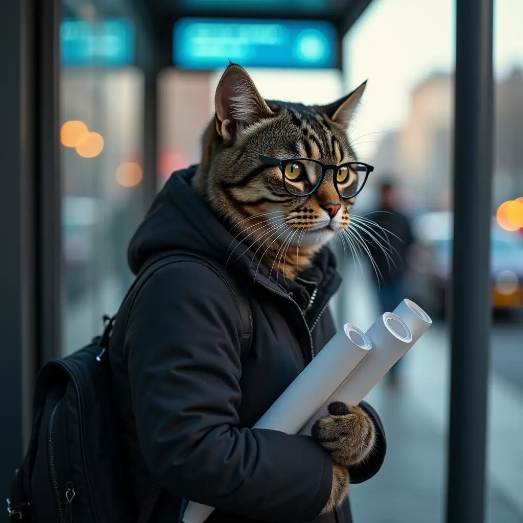 British-Shorthair-Cat-Waiting-at-Bus-Stop-in-Winter-with-Technical-Drawings-and-Laptop-Bag