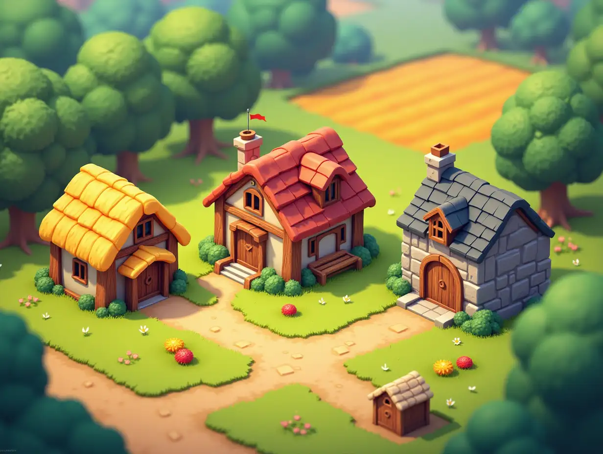 countryside landscape with a lot of farm objects, Fancy Blast game style, has three houses: first one is made of straw, second one is made of wood, third one is made of stone, houses have similar architectural design and size