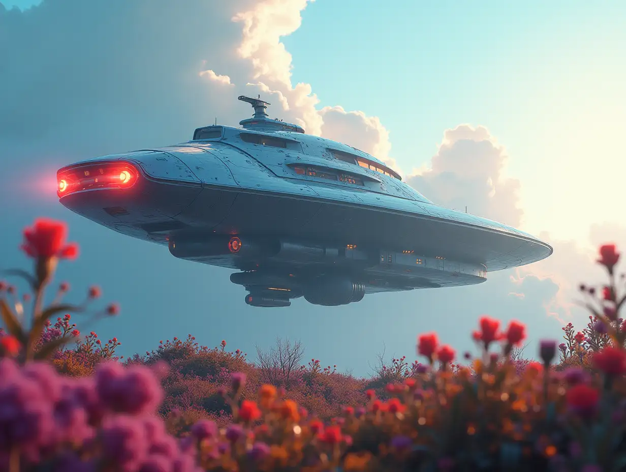 AI larger spaceship overview, with glowing headlights with colorful plants in a lightly cloudy sky, 4k resolution vibrant