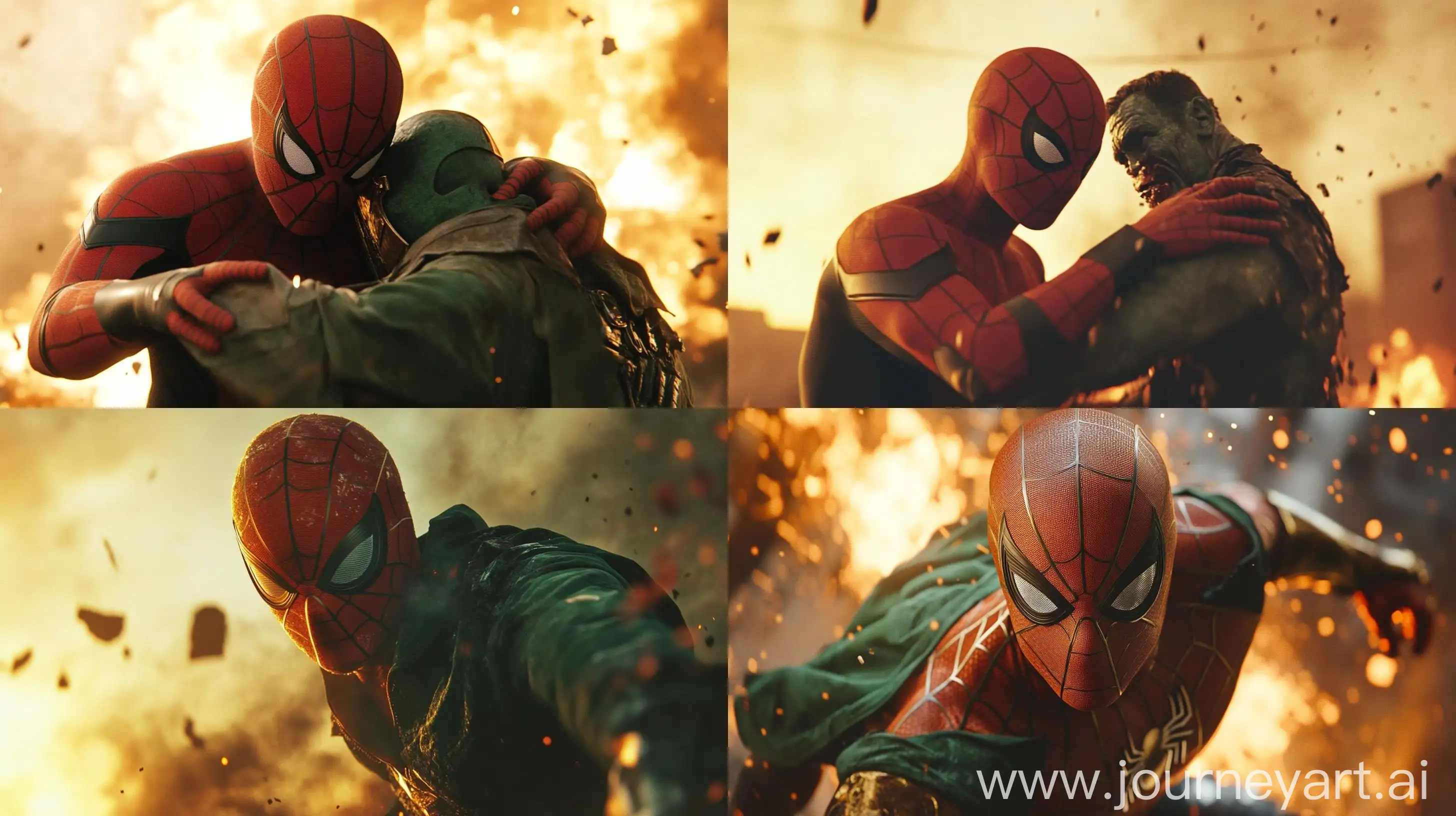 Epic-Movie-Scene-Tom-Holland-as-SpiderMan-Saves-Injured-Tony-Stark-in-Green-Dr-Doom-Costume-at-Sunset-Battlefield