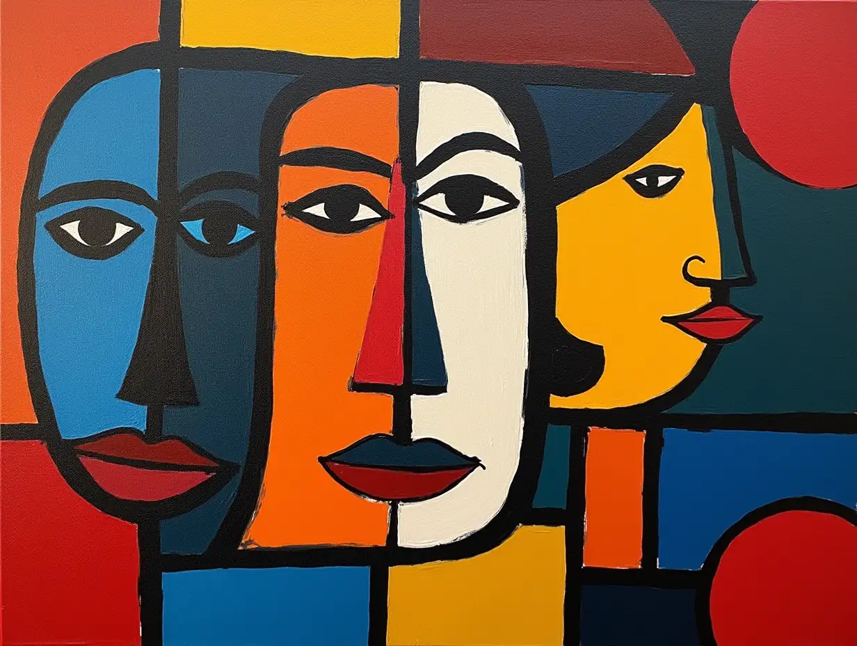 Picture in a grid of faces in the style of Kandinsky, Malevich, minimalism, simplified for a beginning acrylic artist with many colors, constructivism abstract, darkened