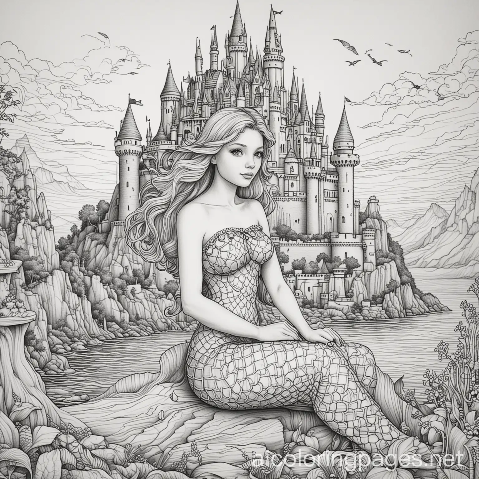 Mermaid-Painting-in-Fantasy-Castle-Setting-Blocky-Style-Coloring-Page