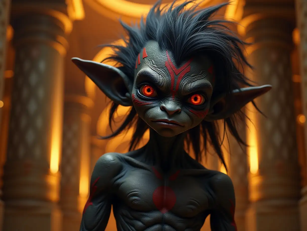 young black troll with red pattern, alien face, long neck, sharp chin, black grey hair, showing anger on face, modern, in a temple of much gold, multi-shaded 4k colorful steampunk