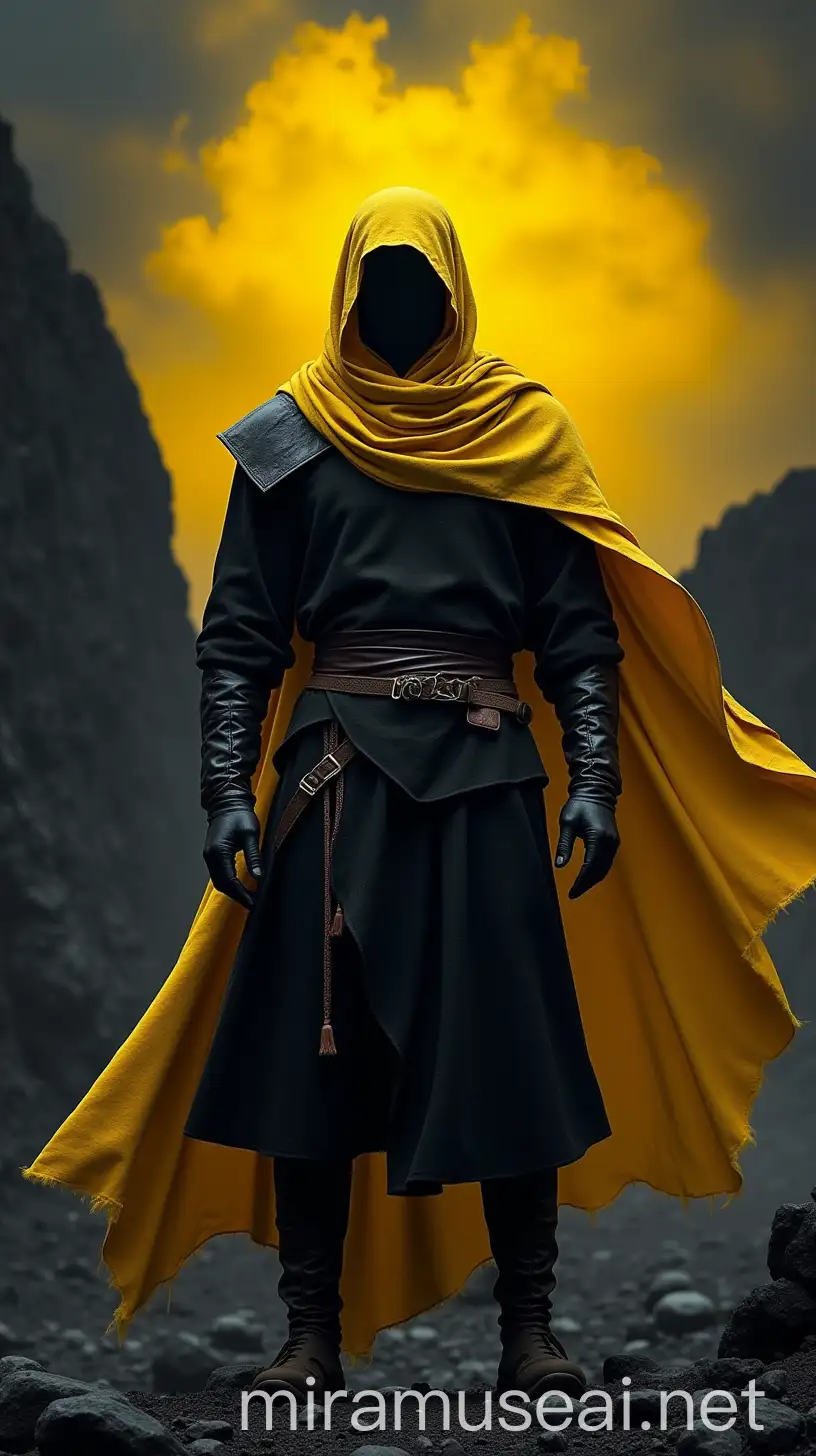 Mysterious Warrior in Black Attire Amidst Yellow and Black Landscape