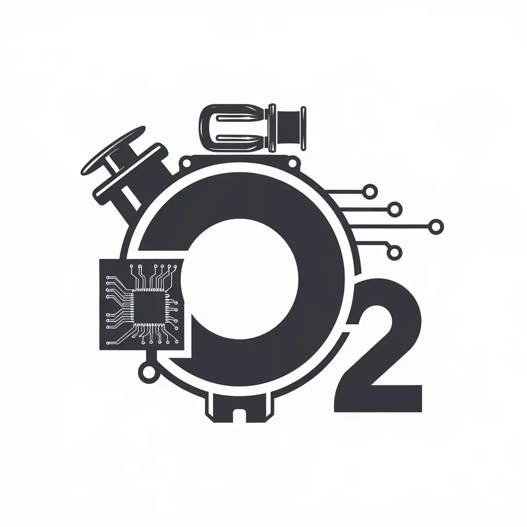 a vector logo design,with the text "O2", main symbol:Letter O. Include something related to Hydraulics, Pneumatics and Industrial Electronics.,complex,be used in Technology industry,clear background