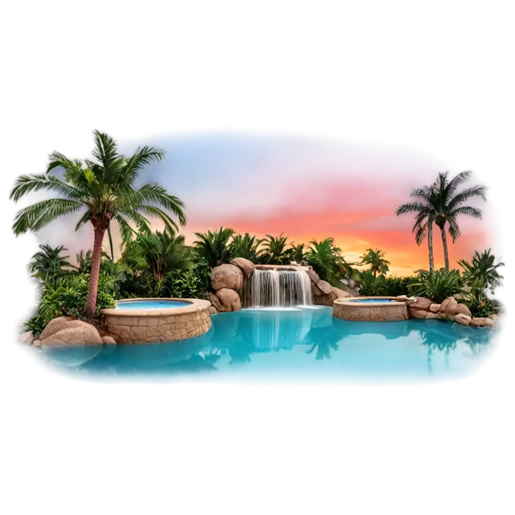 Custom-Swimming-Pool-with-Palm-Trees-and-Waterfalls-PNG-Image-Logan-Pools-at-Sunset