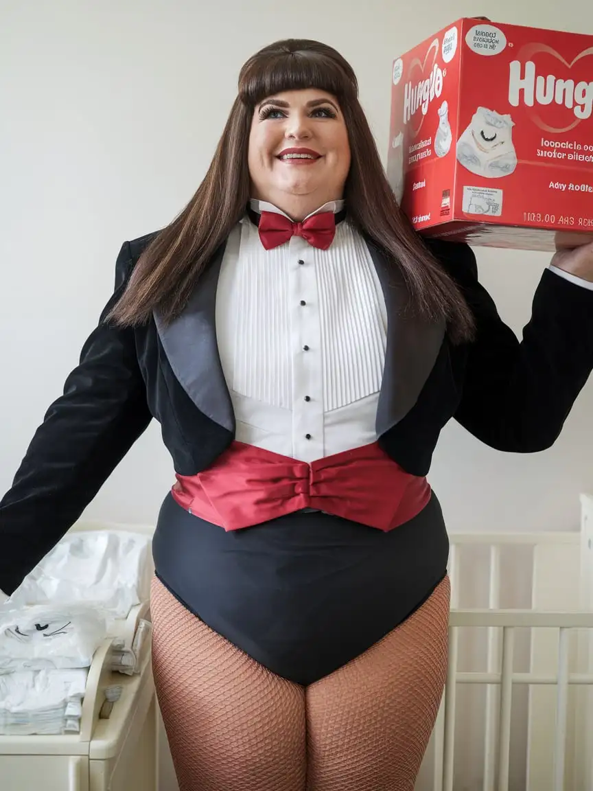 Smiling-MiddleAged-Woman-in-Formal-Concert-Tuxedo-with-Huggies-Diapers