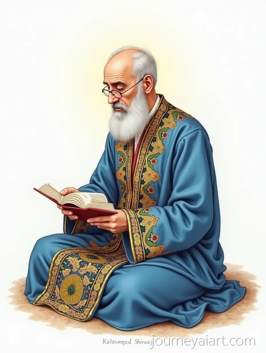 Hafez-Shirazi-Sitting-in-Blue-Islamic-Robe-Reading-in-Persian-Miniature-Style