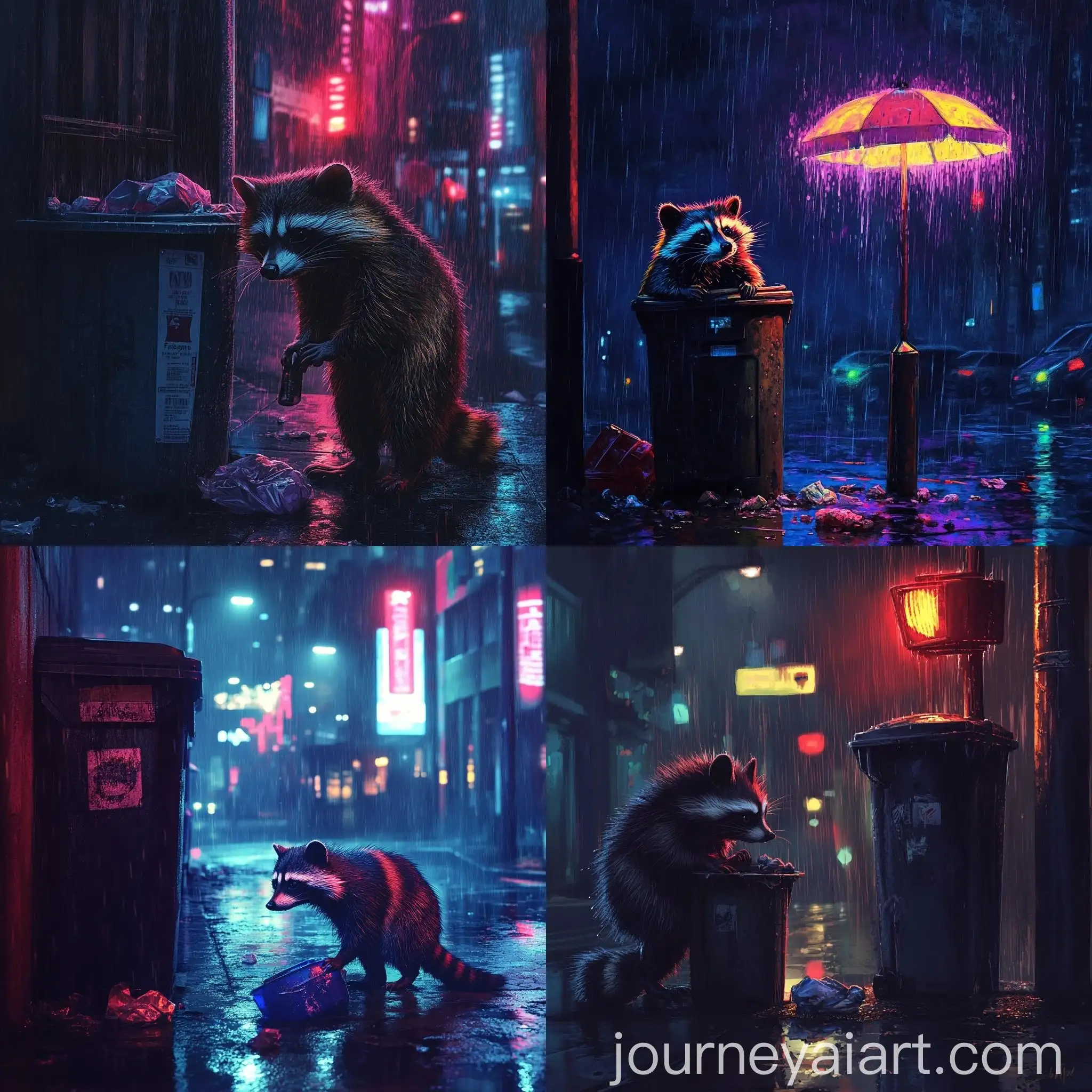 Raccoon-Searching-Trash-Bin-at-Night-Under-Neon-Street-Light