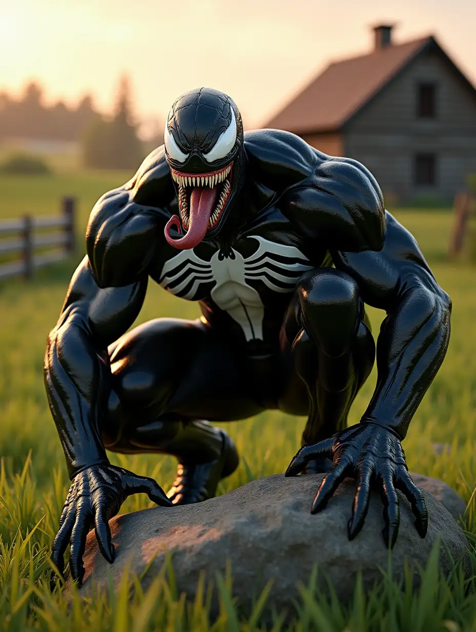 A highly detailed 3D-rendered image of Venom, the menacing symbiote from the Marvel universe, crouching in a dynamic pose on a large rock in the middle of a lush green field. His muscular body is covered in a glossy black symbiote texture with white vein-like details, and the iconic white spider emblem on his chest. His sharp claws dig into the rock, while his sinister grin reveals razor-sharp teeth and an elongated tongue curling outward. The lighting is dramatic, with a warm golden-hour glow, casting long shadows and reflections on Venom’s slimy, alien-like skin. In the background, a rustic wooden farmhouse with a fence is visible, surrounded by a peaceful rural landscape, contrasting with Venom’s terrifying presence. The image is rendered in ultra-realistic 4K quality, with intricate textures on his suit, detailed grass blades, and immersive depth of field, creating a cinematic masterpiece.