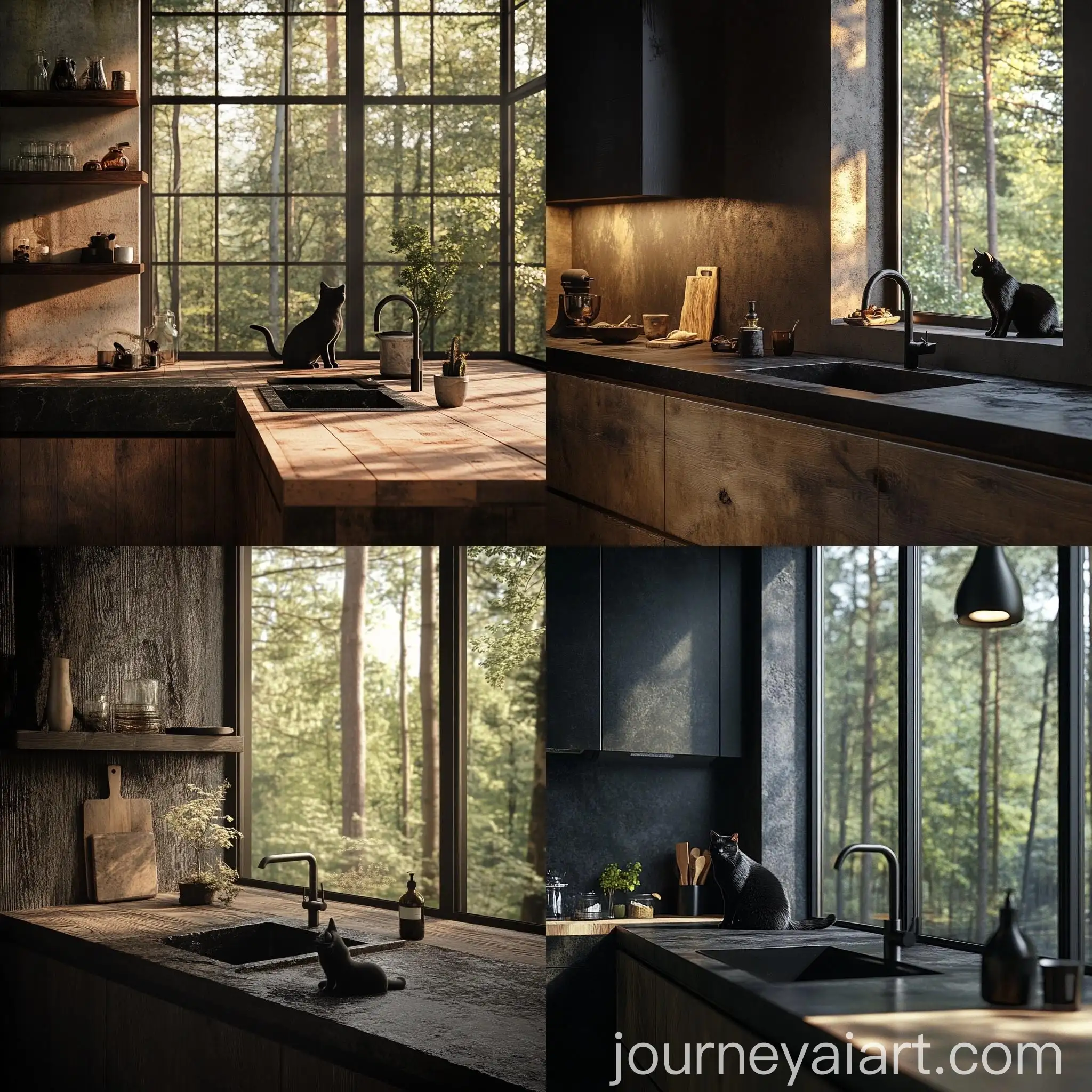 Wabi-Sabi-Style-Kitchen-with-Black-Wood-Counters-and-Forest-View