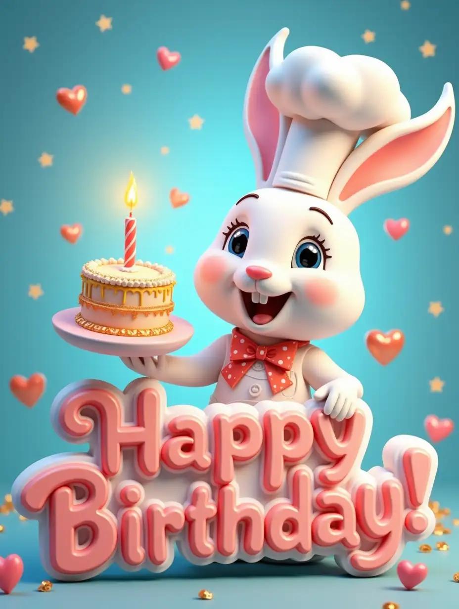 Disney cartoon style, 3D rendering. A delightful and whimsical greeting card illustration featuring an adorable white rabbit in a cute chef's hat and apron, proudly offering a luxurious cake with lit candles. The rabbit's eyes sparkle with joy, and in the background, a cheerful gradient background in blue tones complements the design, creating a mesmerizing and captivating visual experience. Bright, shiny and sparkling hearts, sparkles and stars are added to the background, gold and sparkling colors prevail, bringing in the anticipation of the holiday. Large, voluminous, eye-catching 3D text 'Happy Birthday!' takes center stage in the composition, written in bright multi-colored flowers, a cheerful font with a contrasting outline. It attracts the eye, adding a touch of cheerfulness and celebration to the overall design. Very fun and creative style, poster render, bright colors, hd. This cinematic 3D render is perfect