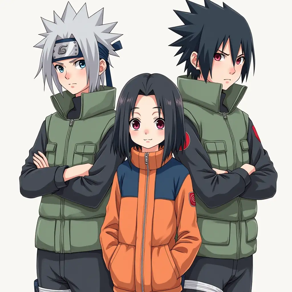 Drawing of a character from the anime Naruto, a girl with black hair, a small nose, black hair and wide eyes wearing a Konoha ninja outfit, aged between 13 and 15 years old, standing next to the character Hatake Kakashi and the character Uchiha Sasuke with the Sharingan eyes