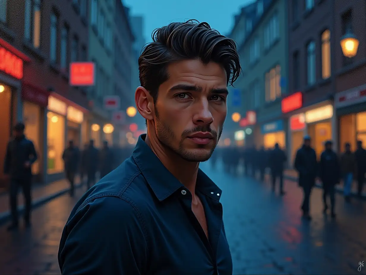 Highly-detailed, realistic oil painting depicting an attractive man in a dark blue shirt on the background of a night city street, sensual, inspired by works of Jose Royo, Julie Bell, Cornelis Griffioen, Benedikte Braana, Brian Fraud and Eric Wallis, accurate anatomy, global lighting, chiaroscuro, 3D, 8K, complex details in the foreground and background, soft lighting to improve mood, bright colors and textures.