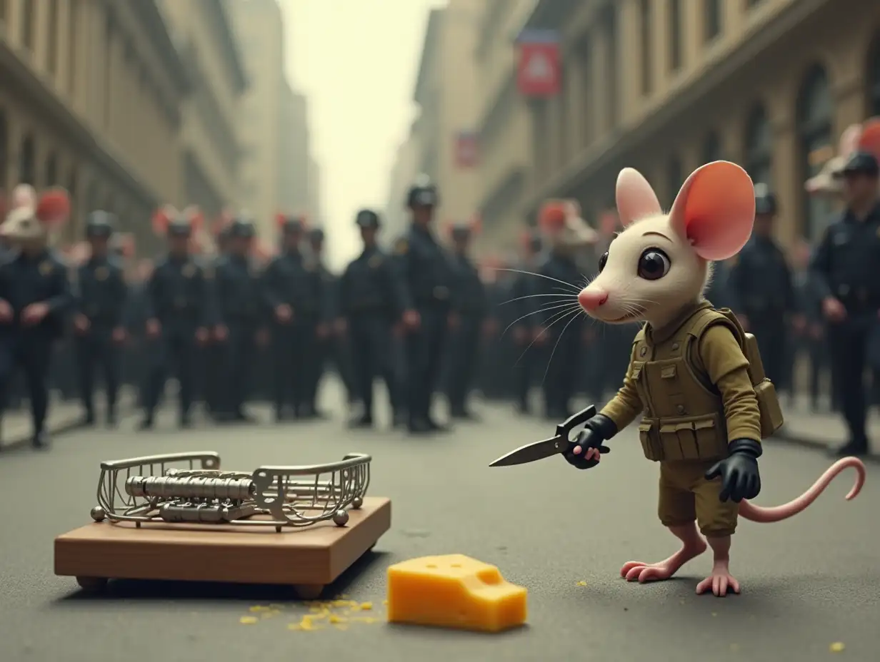 Background - city street. A large mousetrap is on the road with a piece of cheese. Nearby stands an anthropomorphic mouse in a kevlar suit of a sapper, in her right hand a mouse has cutters with which she cuts through the wire on the mousetrap. In the distance behind the fence stands a crowd of anthropomorphic mice, near the crowd two mice in police uniforms. Film frame.