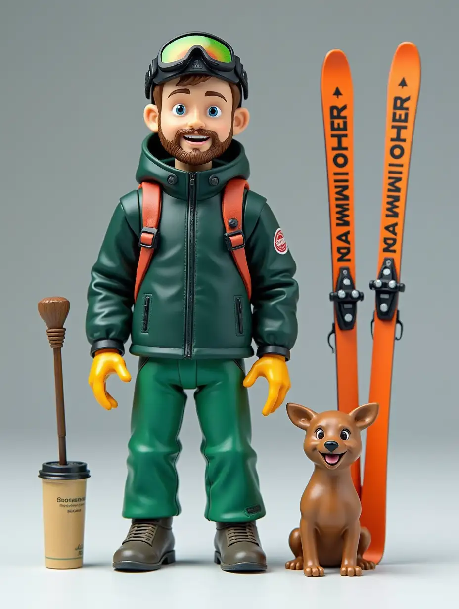 Create a posable action figure set based on the character in the photo, keeping their distinct features. The set includes one figure modeled after the photo’s character, along with green Fischer racing skis, meta quest vr 2, Coffee, Pitpul dog. The packaging box is titled ROMANATOR in bold text