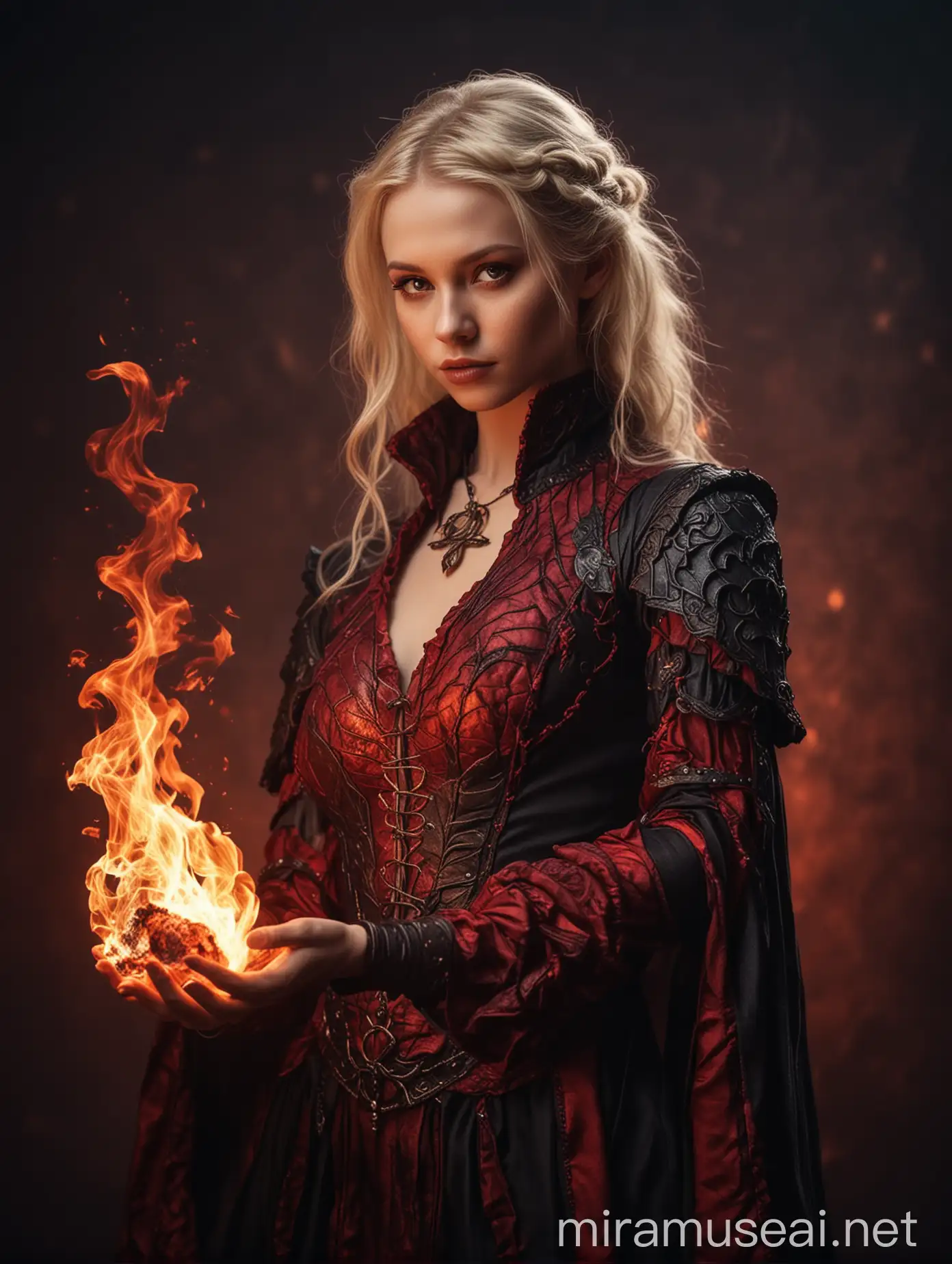 Dark Fantasy Young Female Sorcerer with Red Scaly Skin and Body of Fire