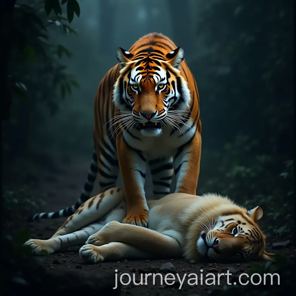 Victorious-Bengal-Tiger-Dominates-Defeated-White-Lion-in-Dark-Jungle
