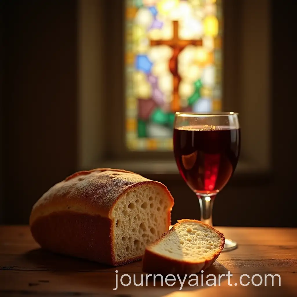 CloseUp-of-Broken-Loaf-of-Bread-and-Cup-of-Wine-with-Stained-Glass-Window-Background