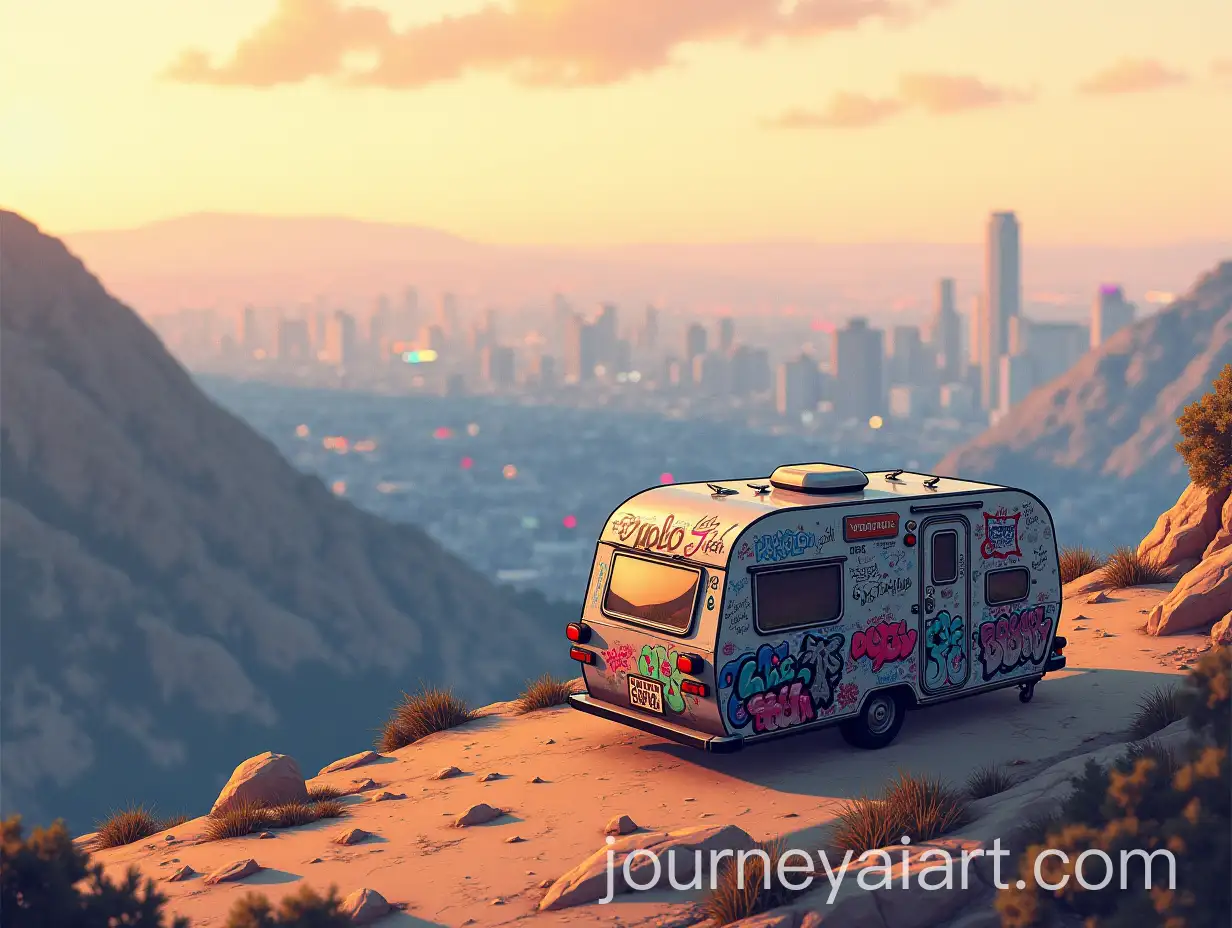 GraffitiCovered-Caravan-Overlooking-Urban-Cityscape-at-Dusk