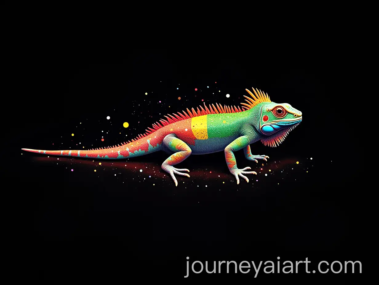 Vibrant-Iguana-with-Rainbow-Paint-Splatter-on-Black-Background
