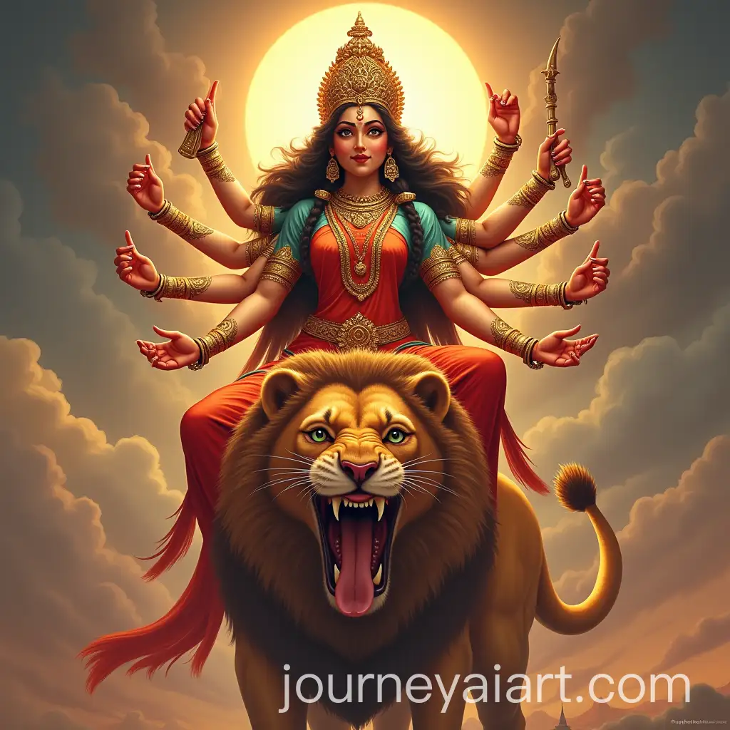 Divine-Goddess-Durga-Seated-on-Roaring-Lion-with-Eight-Arms