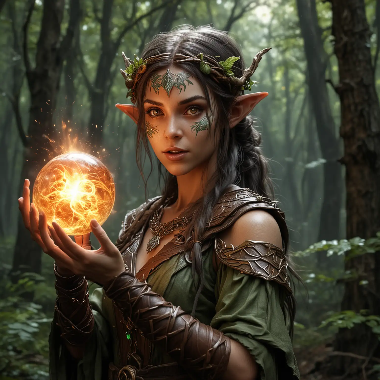 Wood Elf Druid with Magical Orb and Fire Elemental Companion