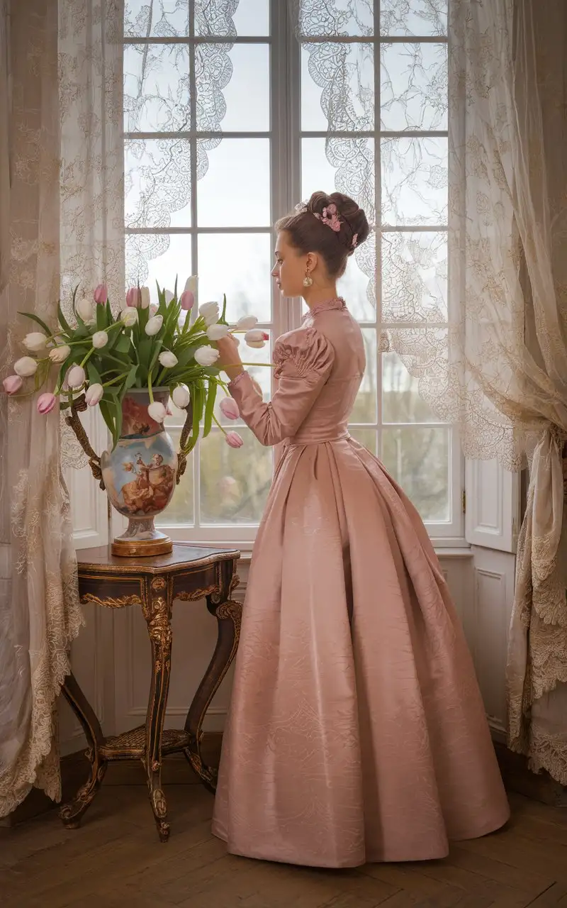 Young-Lady-in-Satin-Dress-Adjusting-Flowers-in-Rococo-Style-Interior