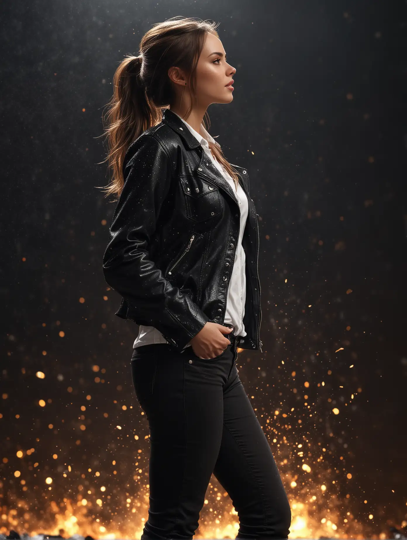 Brunette-Woman-in-Black-Jacket-and-Jeans-Surrounded-by-Fire-and-Golden-Sparkling-Rain