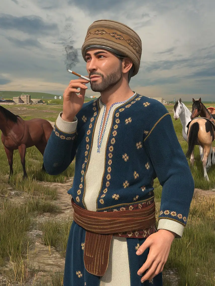 Kazakh-Man-in-Traditional-Clothing-Smoking-Pipe-with-Horses-in-the-Background-3D