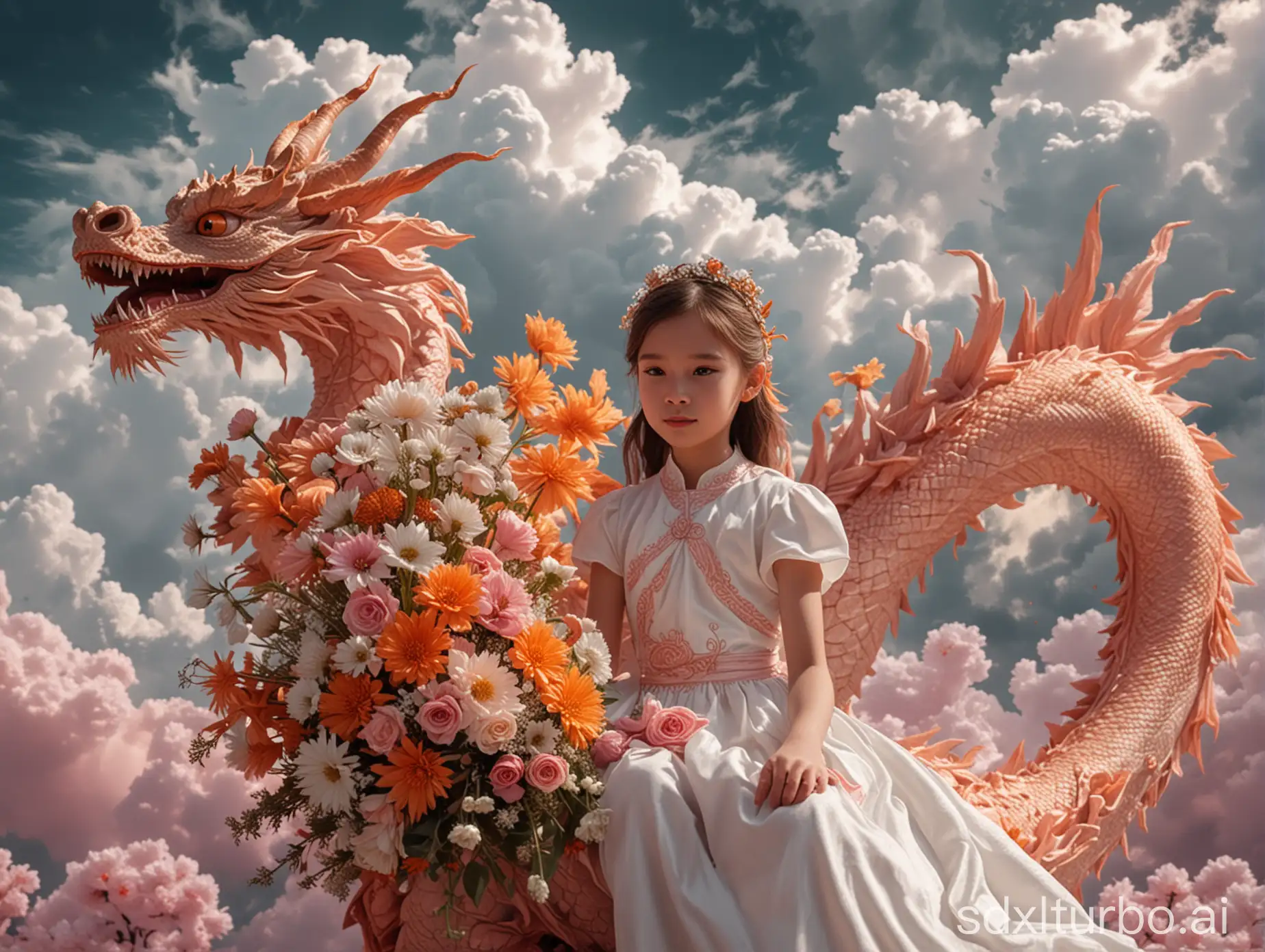 Young-Girl-with-Bouquet-Riding-Pink-Dragon-in-Clouds