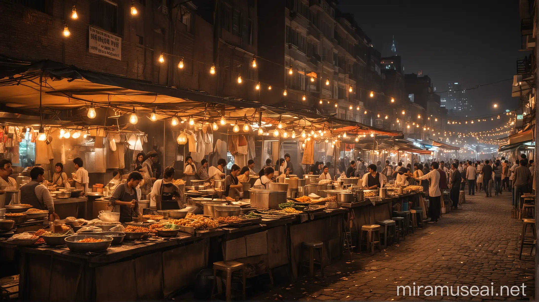 Vibrant Urban Night Market with Street Food Delights