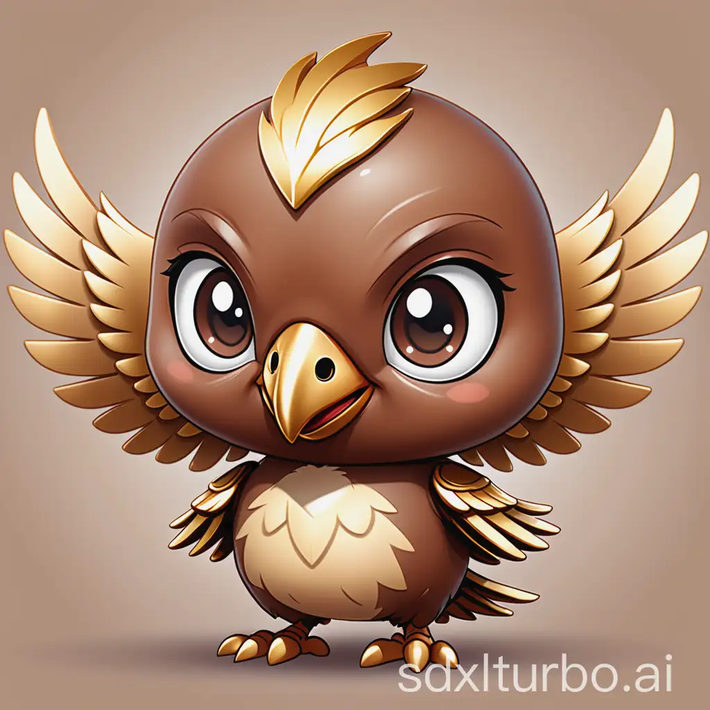 Chibi Q-version head of a human-bird, brown color, gold, with wings, claws, hands, cartoon, cute, smiling, gentle