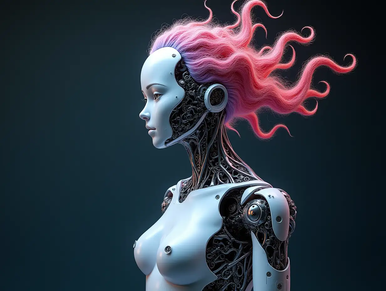 Create a high-resolution, realistic image of an artificial intelligence Fractal colored Fractal humanoid robot, on the photo studio floor with 4-k resolution.Fractal Hair