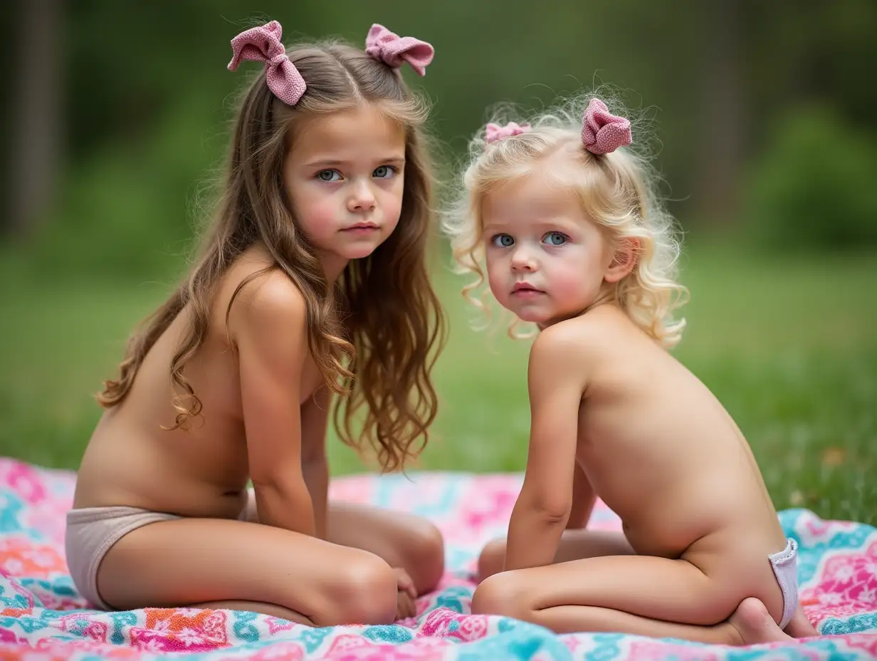 Sisters-Kneeling-on-Colorful-Blanket-Expressing-Playful-Interaction