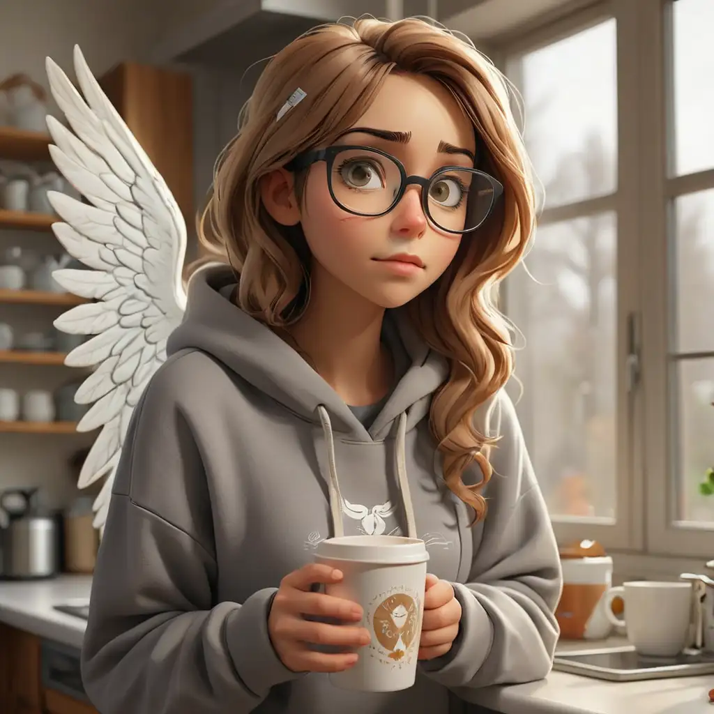 Tired-Woman-with-Angel-Wings-and-Prescription-Glasses-Holding-Coffee-in-Kitchen