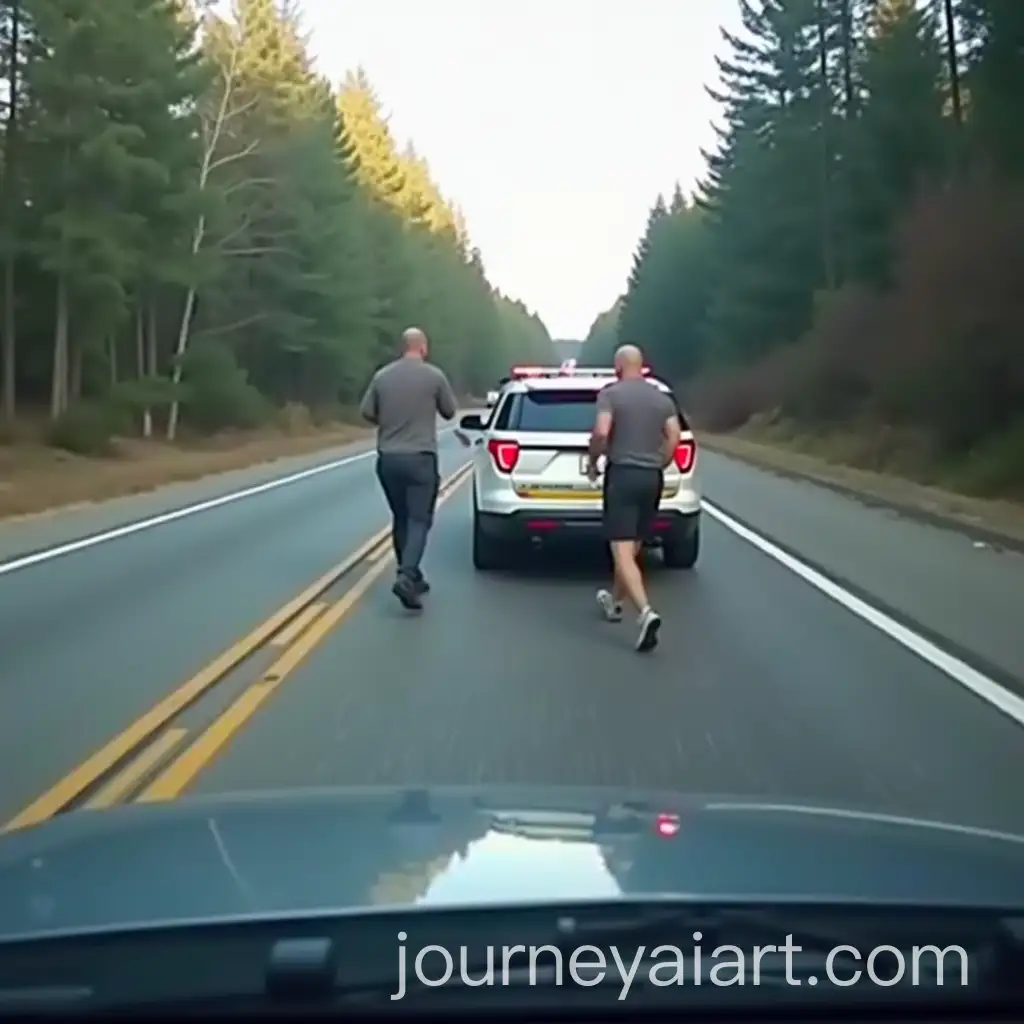 Dashcam-Footage-of-Police-Vehicle-Avoiding-Bald-Man-in-Highway-Forest