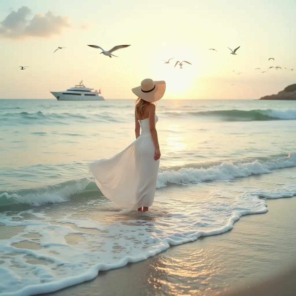 Elegant woman stands the sea , masterpiece, best quality, sea, yacht on the horizon, young woman, solo, standing in the surf, wearing a long white dress with a skirt fluttering in the wind, elegant sunhat, foamy surf, summer, sunrise, sun path on the water, soft light, seagulls circling, wave rolling in,  ultra realistic.