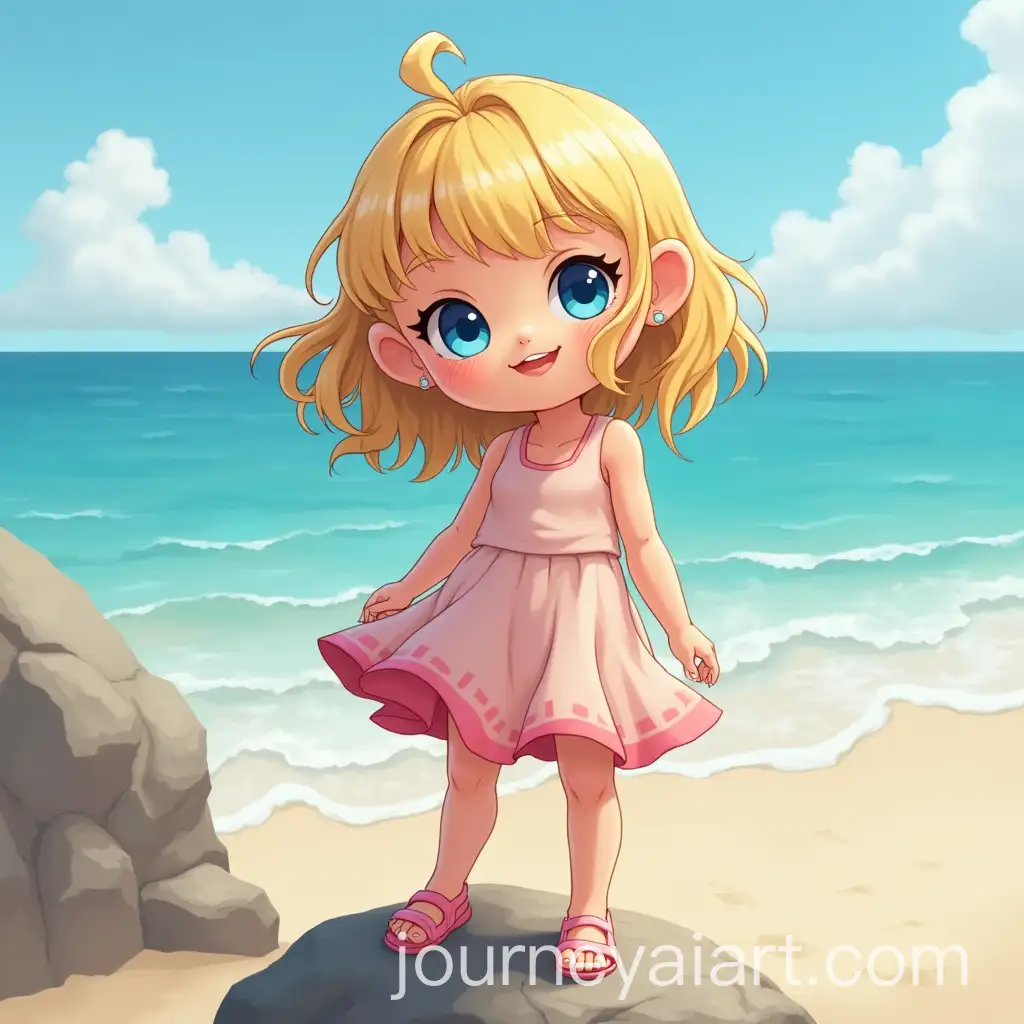 Blonde-Girl-with-Blue-Eyes-Standing-on-Beach-Rock