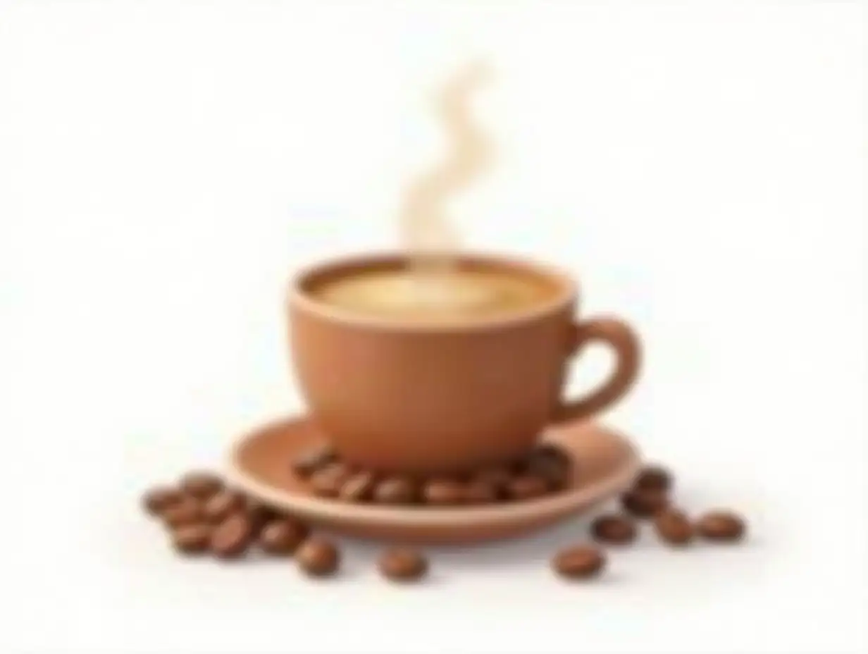 cartoon 4K image of a brown coffe cup on an white wooden table, surrounded by coffe beans. Aroma is coming out side the cup.The scene is set in the white background.