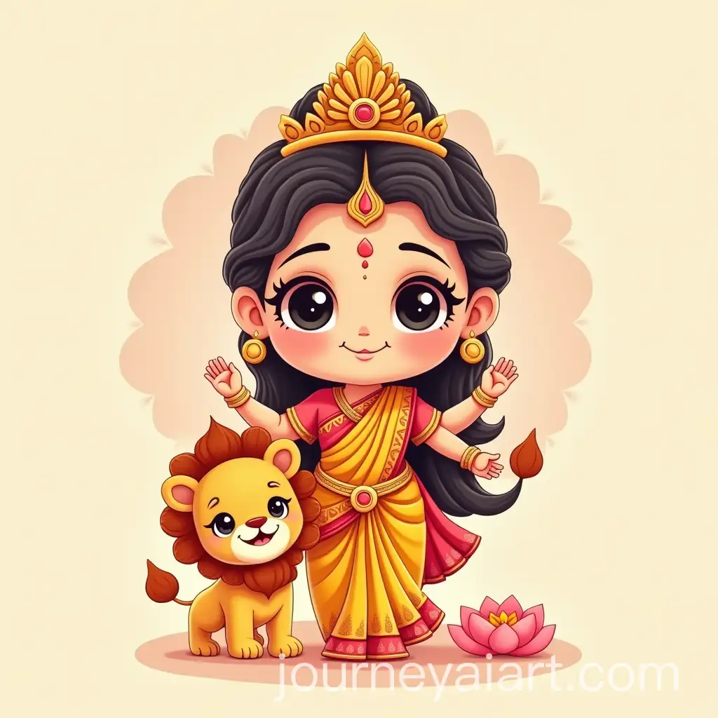 Adorable-Stylized-Durga-Maa-with-Smiling-Face-and-Peaceful-Lion-Companion