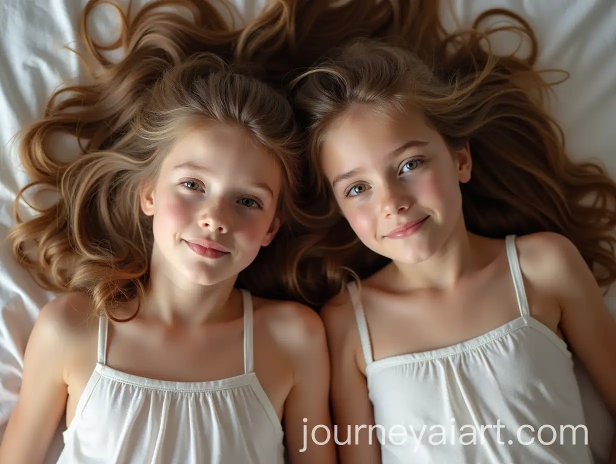 Two-Girls-with-Long-Hair-Lying-on-a-Bed-Seen-from-Above